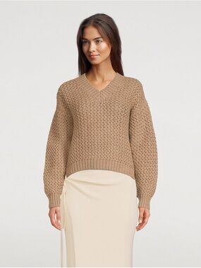 The Elder Statesman Rope Stitch‎ Cashmere Sweater Almond V Neck